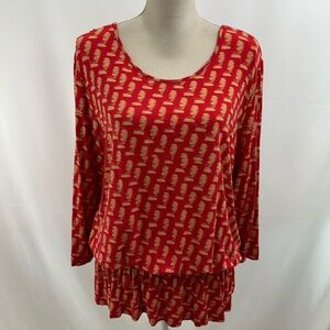 Chico’s 3 Red Tan Peplum Blouse Elastic Waist XL